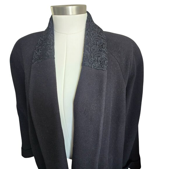 Mackintosh New England Black Wool Open Front Coat With Embroidered Collar CM2000 - Picture 3 of 9